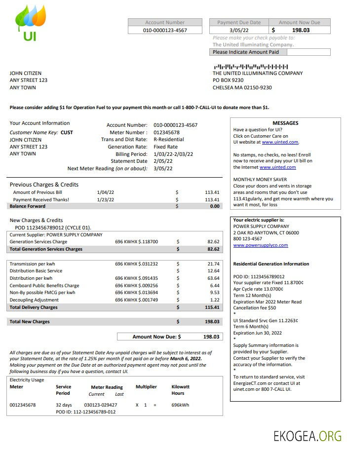 USA Massachusetts Chelsea UI The United Illuminating Company utility bill Word and PDF template